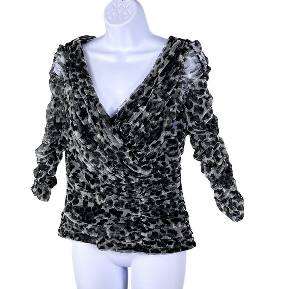 Tadashi Shoji Womens M Leopard Print Ruched Mesh Top V Neck 3/4 Sleeves Blouse - Picture 6 of 15